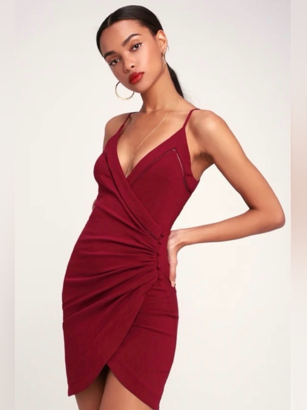 Ruched Spaghetti Strap Mini Dress in Rust Brown